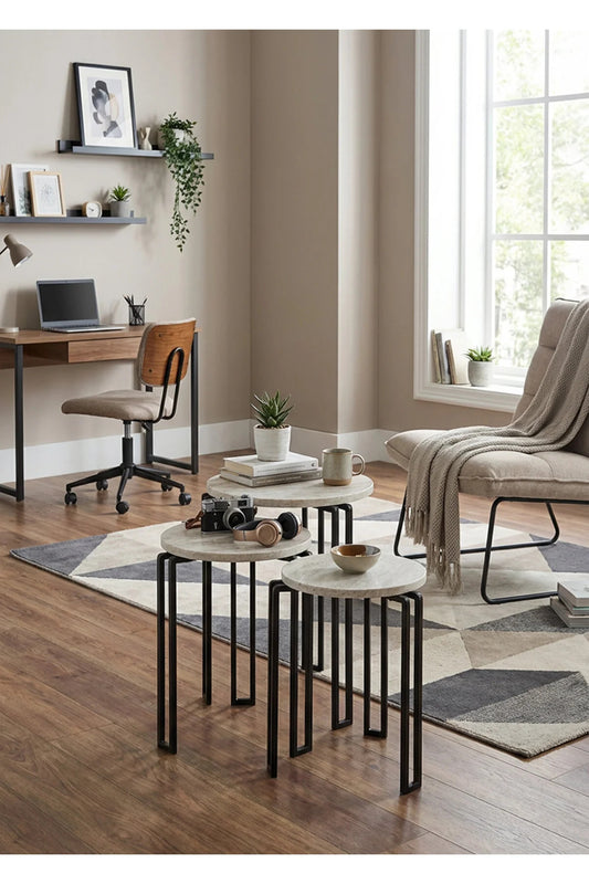 3 i 1 rund sidebord, sort / hvid marmor mønster