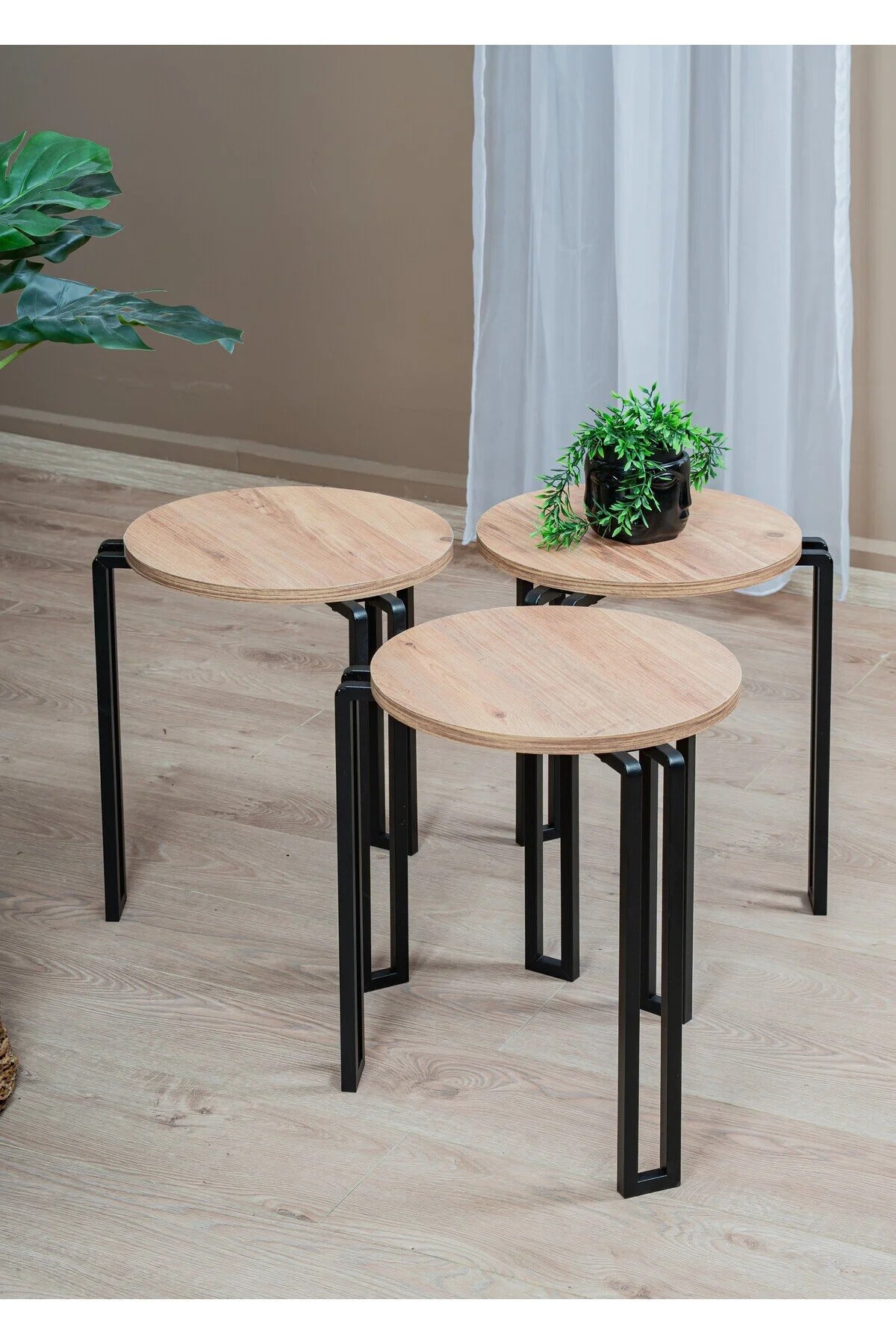 3 i 1 rund sidebord, egetræsmønstret / sort
