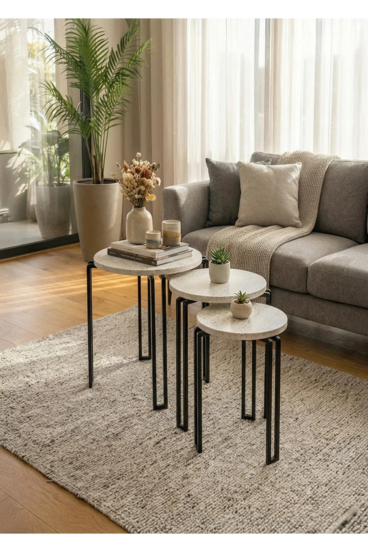 3 i 1 rund sidebord, sort / hvid marmor mønster
