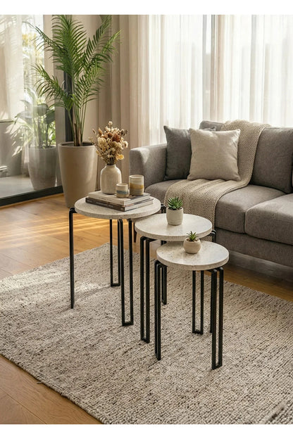3 i 1 rund sidebord, sort / hvid marmor mønster