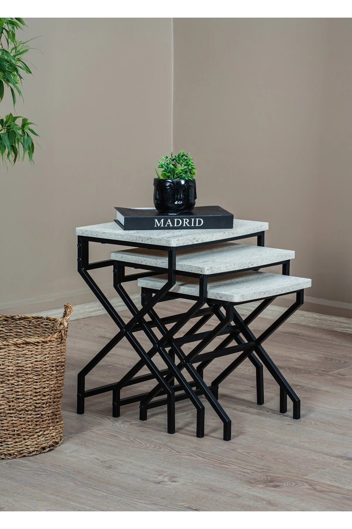 3 i 1 sidebord, metal / hvid marmor mønster