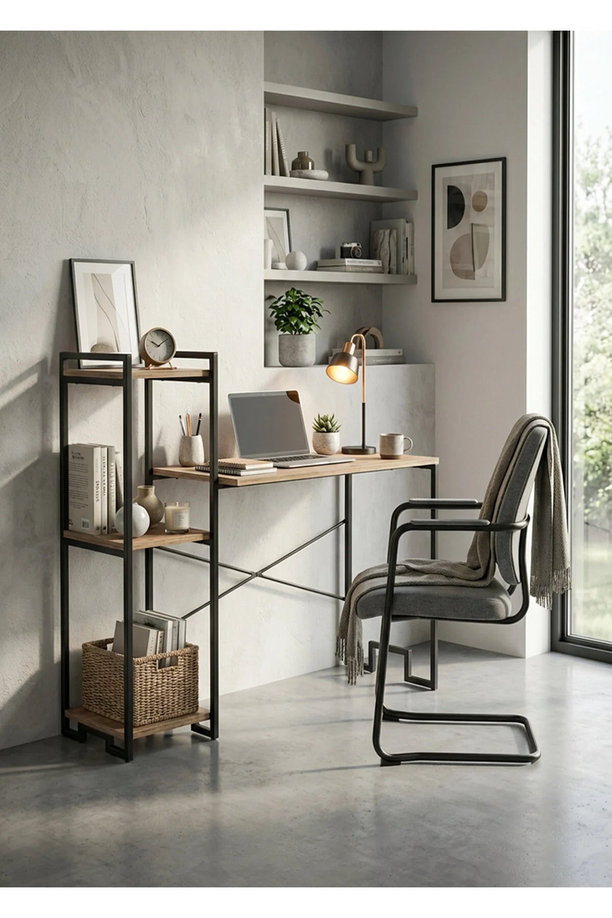 Skrivebord, metal / egetræsmønstret