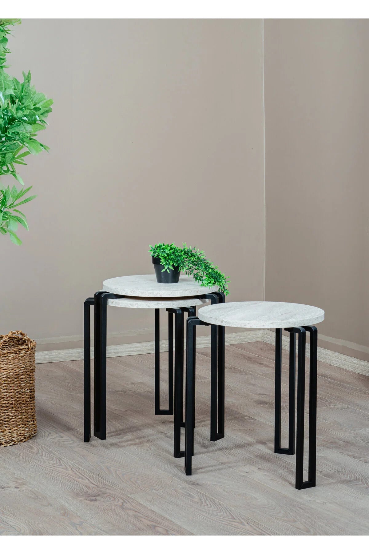 3 i 1 rund sidebord, sort / hvid marmor mønster