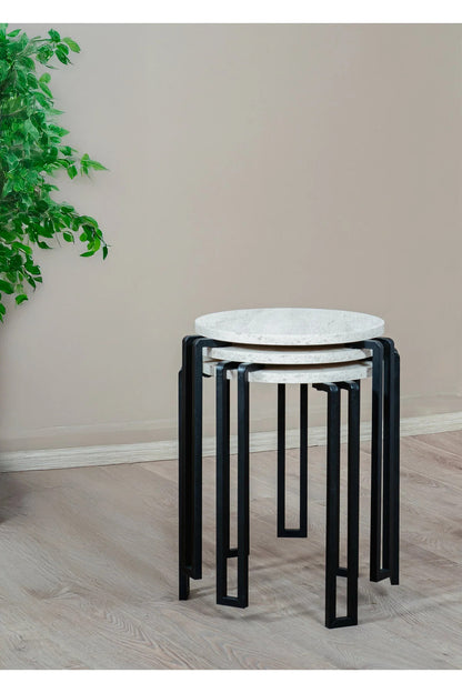 3 i 1 rund sidebord, sort / hvid marmor mønster
