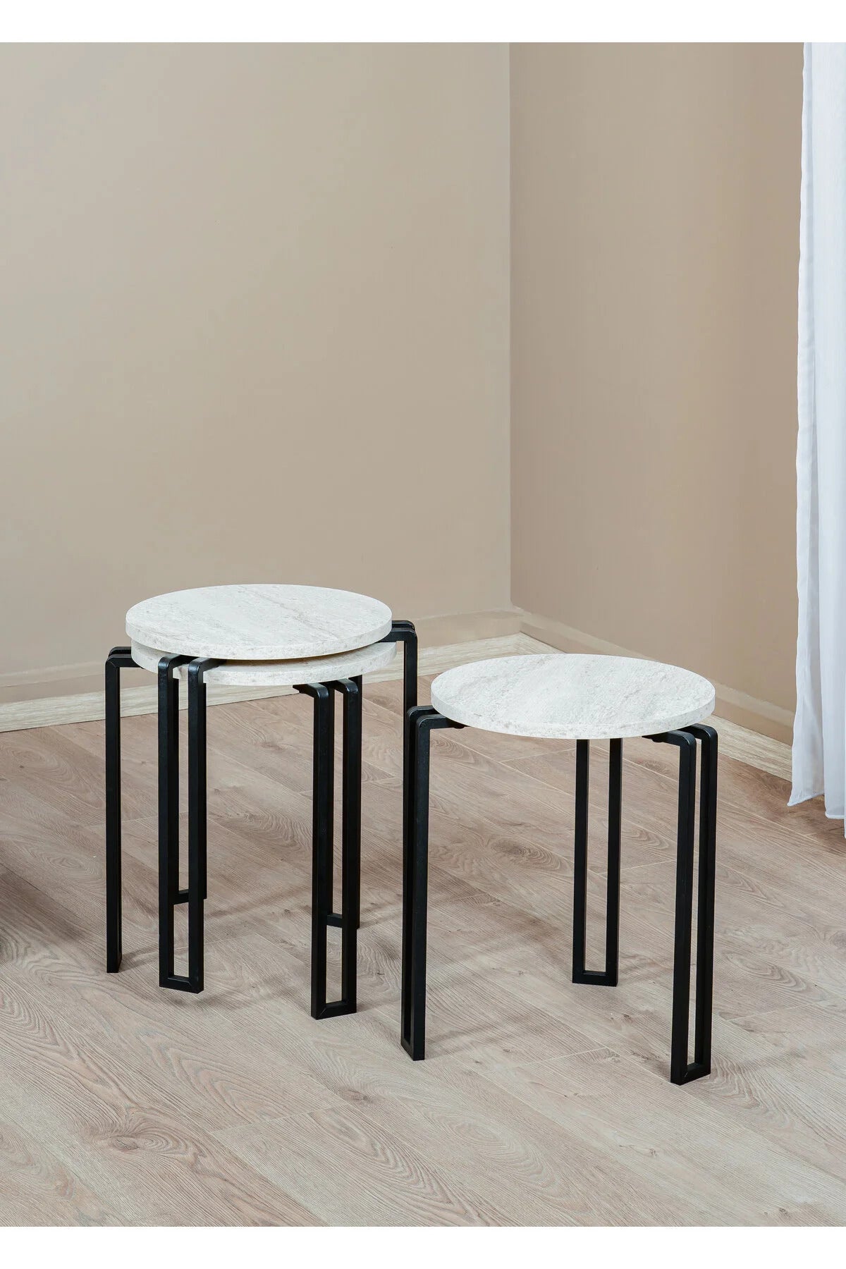 3 i 1 rund sidebord, sort / hvid marmor mønster