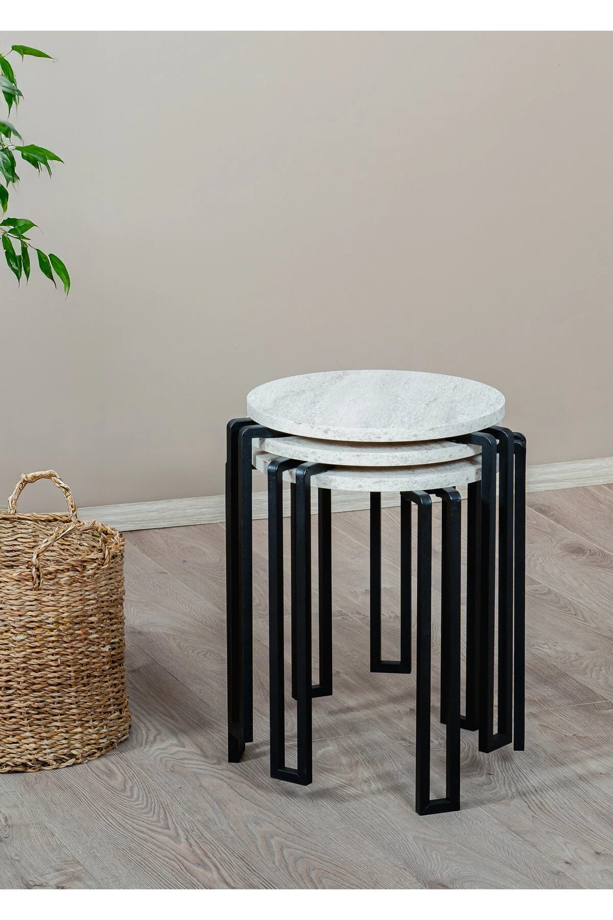 3 i 1 rund sidebord, sort / hvid marmor mønster